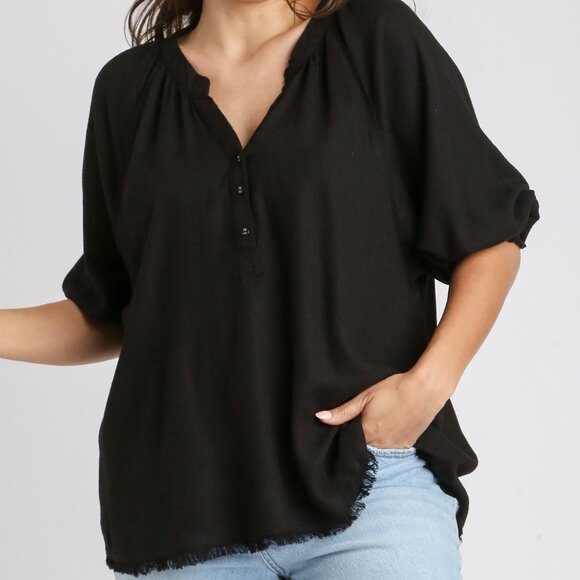 Umgee Plus Black Linen Button Bodice Raglan Top - Picture 5 of 5